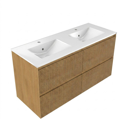 Saniclass Holz Atelier Ensemble meuble de salle de bains - 120x45x62cm - lavabo Vygo en céramique blanc - 2 vasques - 2 trous de robinetterie - 2 tiroirs - chêne natural mat (bois)