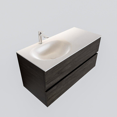 Mondiaz VICA Meuble Dark brown avec 2 tiroirs 100x50x45cm vasque lavabo Moon gauche 1 trou de robinet