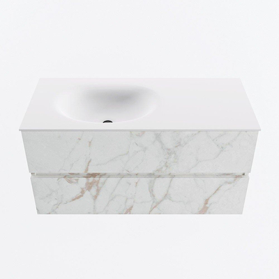 Mondiaz VICA ensemble de meuble de salle de bain - 100cm - meuble sous-vasque carrara - 2 tiroirs - lavabo moon gauche - 1 trou de robinet - version haute de 60cm - talc