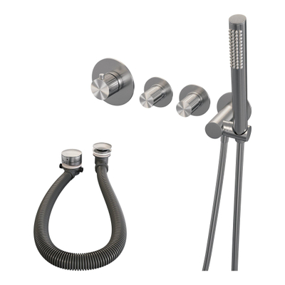 BRAUER Stripe Thermostatische Badkraan - SET 01 - inbouw - badvulcombinatie - staaf handdouche - doucheslang - wandaansluitbocht - RVS-kleurig geborsteld PVD