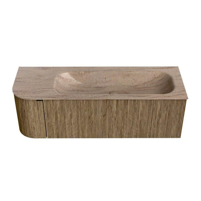 MONDIAZ KURVE-DLUX 135cm meuble de salle de bains arrondi Gauche couleur Dusk avec 1 tiroir et 1 porte. Lavabo BIG MEDIUM Droite sans trou de robinet Saba.