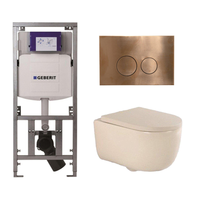 QeramiQ Dely Swirl Toiletset - 36.3x51.7cm - Geberit UP320 inbouwreservoir - 35mm zitting - koperen bedieningsplaat - ronde knoppen - beige