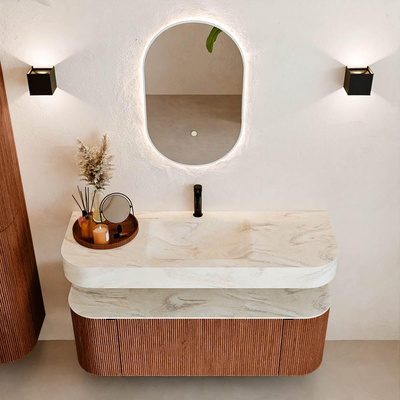 MONDIAZ THOR-DLUX 130cm meuble de salle de bains arrondi gauche + droite couleur Ruby avec 1 tiroir et 2 portes. Vasque suspendue CLOUD Milieu 1 trou de robinet couleur Ostra.