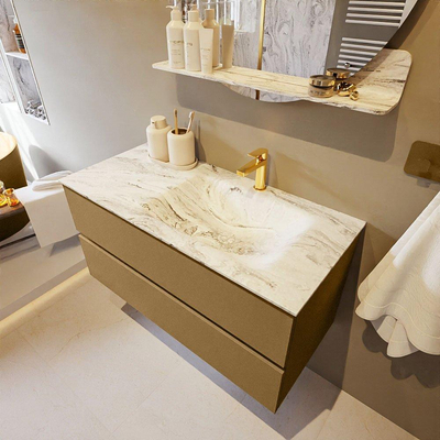 Mondiaz VICA-DLUX Ensemble de meuble de salle de bain - 100cm - meuble sous-vasque oro - 2 tiroirs - lavabo encastré cloud droite - 1 trou de robinet - version haute de 60cm - glace