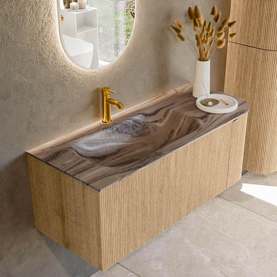MONDIAZ KURVE-DLUX 115cm badmeubel ronding Rechts kleur Oak met 1 lade en 1 deur. Wastafel BIG SMALL Links 1 kraangat Sombra.