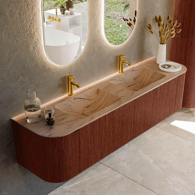 MONDIAZ KURVE-DLUX Meuble de salle de bains 180cm arrondi gauche + droite couleur Ruby avec 2 tiroirs et 2 portes. Lavabo LEAF Double 2 trous de robinet Arena.