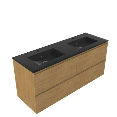 Saniclass Holz Pure Ensemble meuble de salle de bains - 140x45x62cm - Lavabo Vygo en céramique noir - 2 vasques - 2 trous de robinet - 4 tiroirs - chêne naturel mat (bois)