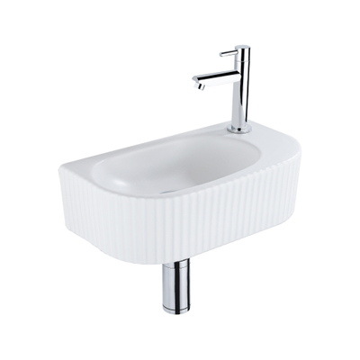QeramiQ Fuente pack lave-mains – 40 x 21,5 x 12 cm – céramique blanc mat – perçage à droite – robinet chromé – cannelé