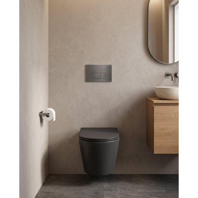 QeramiQ Dely Toiletset - 36.3x51.7cm - Geberit UP720 inbouwreservoir - rimless - diepspoel - zitting - softclose - bedieningsplaat gunmetal - rechthoekige knoppen - mat zwart