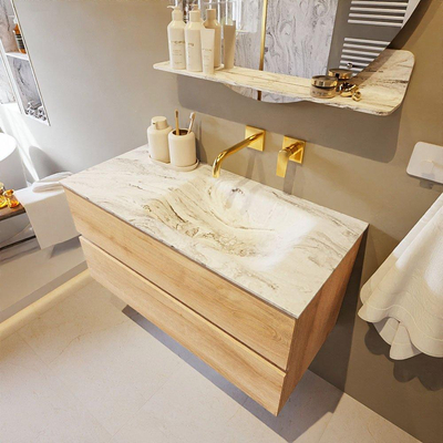 Mondiaz VICA-DLUX Ensemble de meuble de salle de bain - 100cm - meuble sous-vasque chêne blanchi - 2 tiroirs - lavabo encastré cloud droite - sans trous de robinet - version haute de 60cm - glace