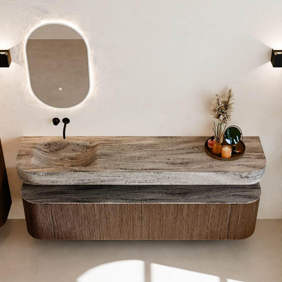 MONDIAZ THOR-DLUX 190cm badmeubel ronding links + rechts kleur Walnut met 2 lades en 2 deuren. Vrijhangende wastafel CLOUD Links zonder kraangat kleur Oza.