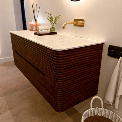 Mondiaz CIRO-DLUX Ensemble de meubles de salle de bains - 130x45x50cm - Plan vasque Solid surface Opalo - 1 lavabo à droite - sans trous de robinet - 4 tiroirs - Ruby