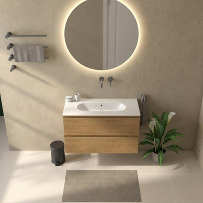 Saniclass Holz Pure Ensemble meuble de salle de bains - 100x45x73.9cm - lavabo Chaci en céramique blanc - 1 vasque - sans trou de robinetterie - 2 tiroirs - chêne natural mat (bois)