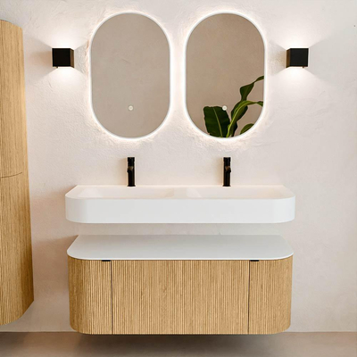 MONDIAZ THOR 120cm meuble de salle de bains arrondi gauche + droite couleur Oak avec 1 tiroir et 2 portes. Vasque suspendue CLOUD Double 2 trous de robinet couleur Talc.