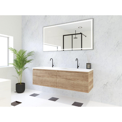 HR Matrix ensemble meuble de salle de bain 3d 140cm 2 tiroirs sans poignée avec bandeau couleur chêne français avec vasque fine 2 trous de robinetterie blanc mat