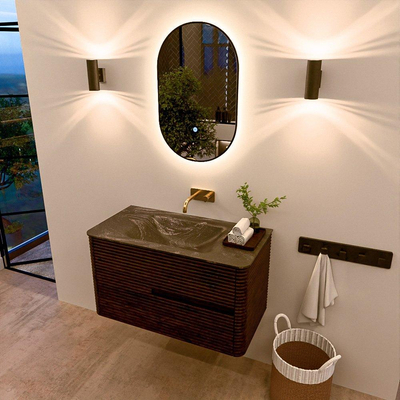 Mondiaz CIRO-DLUX Meuble de salle de bains - 90x45x50cm - Lavabo solid surface Lava - 1 vasque au milieu - sans trous de robinet - 2 tiroirs - Noyer