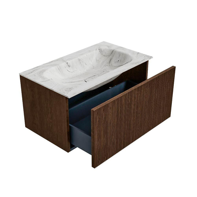 MONDIAZ KURVE-DLUX Meuble de salle de bains 80cm couleur Walnut avec 1 tiroir. Lavabo BIG SMALL central 1 trou de robinet couleur Glace.