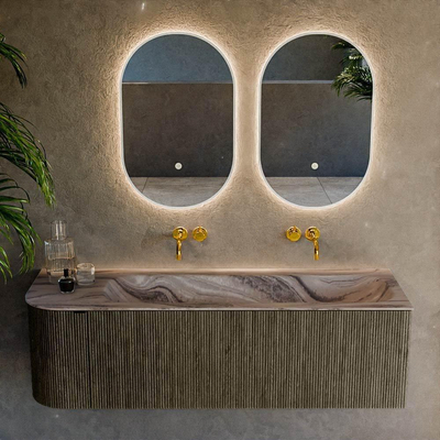 MONDIAZ KURVE-DLUX Meuble de salle de bains 145cm arrondi à gauche couleur Shadow avec 1 tiroir et 1 porte. Lavabo BIG LARGE à droite sans trou de robinet Sombra.