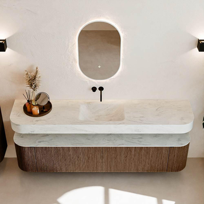 MONDIAZ THOR-DLUX 200cm meuble de salle de bains arrondi gauche + droite couleur Walnut avec 2 tiroirs et 2 portes. Vasque suspendue CLOUD Milieu sans trou de robinet couleur Opalo.