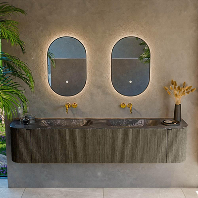 Mondiaz KURVE-DLUX Ensemble de meuble salle de bain - 200x46x40cm - 2 tiroirs - 2 portes - lavabo en solid surface - double - sans trou de robinet - Shadow