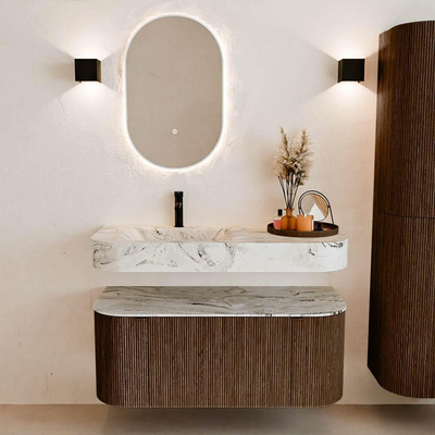 MONDIAZ THOR-DLUX 110cm badmeubel ronding links + rechts kleur Walnut met 1 lade en 2 deuren. Vrijhangende wastafel CLOUD Links 1 kraangat kleur Glace.