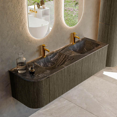 Mondiaz KURVE-DLUX Badkamermeubelset - 155x46x40cm - 2 lade - 1 deur - wastafel solid surface - dubbel / rechts - 2 kraangaten - Shadow