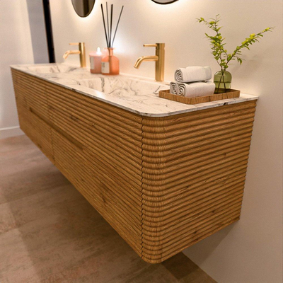 Mondiaz CIRO-DLUX Badkamermeubelset - 190x45x50cm - Solid surface wastafel Glace - 2 wasbak Dubbel - 2 kraangaten - 4 lades - Oak