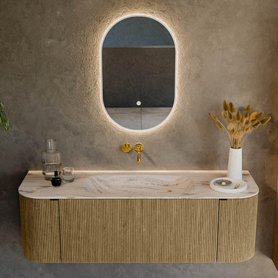 MONDIAZ KURVE-DLUX Meuble de salle de bains 140cm arrondi Gauche + Droite couleur Dusk avec 1 tiroir et 2 portes. Lavabo BIG SMALL Central sans trou de robinet Nata.