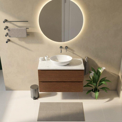 Saniclass Holz Pure Ensemble de meubles de salle de bains - 100x45x63cm - Plan vasque en marbre Dia poli (blanc) - sans trou de robinetterie - 2 tiroirs - walnut pure mat (bois)