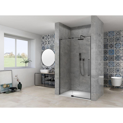 Van Rijn Products ST08 Nis Draaideur - 90x200cm - helder glas - dikte 8mm - 2 delig - muurprofiel - stabilisatiestang - Zwart