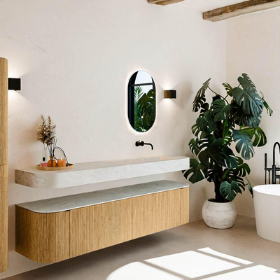 MONDIAZ THOR-DLUX Meuble de salle de bains 190cm arrondi gauche + droite couleur Oak avec 2 tiroirs et 2 portes. Vasque suspendue CLOUD Droite sans trou de robinet couleur Opalo.