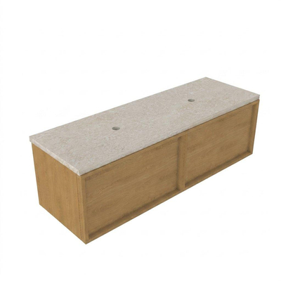 Saniclass Holz Frame Ensemble de meubles de salle de bains - 140x45x43cm - Plan de travail en pierre naturelle travertin - sans trou de robinetterie - 2 tiroirs - chêne naturel mat (bois)