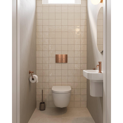 QeramiQ Dely Swirl Compact Toiletset - inbouwreservoir Geberit UP320 - met Burda frame - 25mm zitting - metalen bedieningsplaat koper - rechthoekige knoppen - glans wit