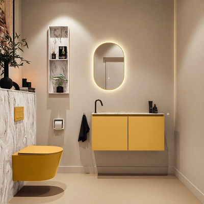 MONDIAZ TURE-DLUX Meuble toilette - 100cm - Ocher - EDEN - vasque Glace - position gauche - 1 trou de robinet