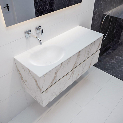 MONDIAZ VICA Ensemble de meuble de salle de bains - 120cm - 2 tiroirs - lavabo Moon gauche - 0 trous de robinet - solid surface marbre de Carrare
