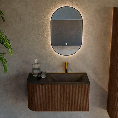 MONDIAZ KURVE 85cm badmeubel met module 25 L kleur Walnut met 1 lade en 1 deur. Wastafel CLOUD rechts 1 kraangat Urban.