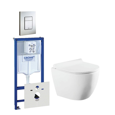 QeramiQ Salina Compact toiletset bestaande uit inbouwreservoir, compact wandcloset met toiletzitting en bedieningsplaat verticaal/horizontaal RVS