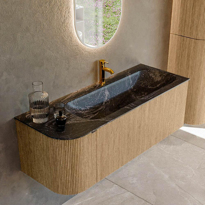 MONDIAZ KURVE-DLUX Meuble de salle de bains 125 cm avec module 25 L couleur Chêne avec 1 tiroir et 1 porte. Lavabo BIG MEDIUM à droite 1 trou de robinet couleur Lava.
