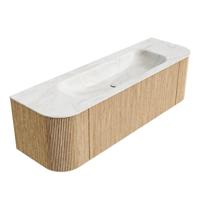 MONDIAZ KURVE-DLUX 150cm Meuble salle de bain avec module 25 G et D - couleur Oak - 1 tiroir - 2 portes - vasque BIG MEDIUM centre - sans trou de robinet - couleur Ostra