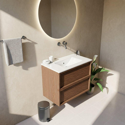 Saniclass Holz Frame Ensemble de meubles de salle de bains - 80x45x62cm - Lavabo Vygo en céramique blanc - 1 vasque - sans trou de robinet - 2 tiroirs - noyer pure mat (bois)