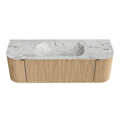 MONDIAZ KURVE-DLUX 140cm badmeubel met module 25 Len R kleur Oak met 1 lade en 2 deuren. Wastafel BIG SMALL midden zonder kraangat kleur Glace.