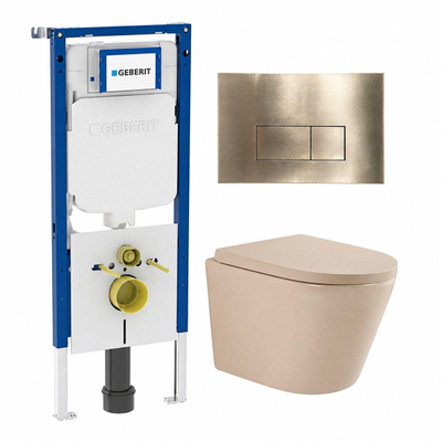 QeramiQ Dely Toiletset - 36.3x51.7cm - diepspoel - rimless - Geberit UP720 inbouwreservoir - softclose toilet zitting - 35mm - geborsteld messing bedieningsplaat - rechthoekige knoppen - mat beige
