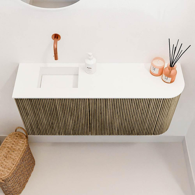 Mondiaz JOYA Meuble WC 91,6 cm - arrondi à droite couleur Dusk - Lavabo FAYE position gauche sans trou de robinet couleur Talc.