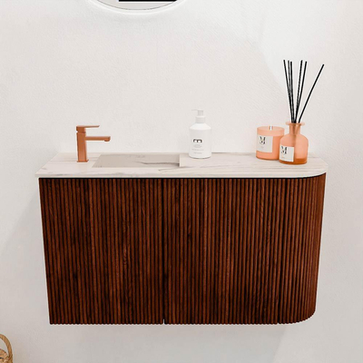 Mondiaz JOYA-DLUX 71.6cm toiletmeubel - ronding rechts kleur Ruby - Wastafel FAYE positie Links 1 kraangat kleur Nata.