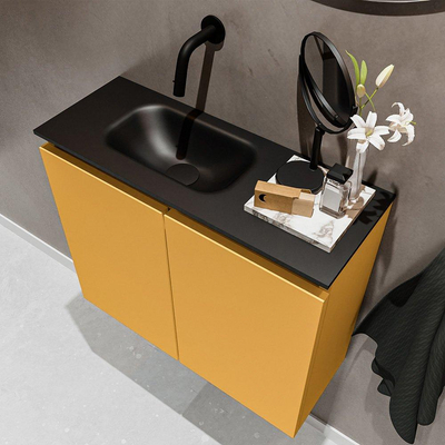 MONDIAZ TURE Toiletmeubel 60x23x50cm met 0 kraangaten 2 deuren ocher mat Wastafel Eden links Solid Surface Zwart