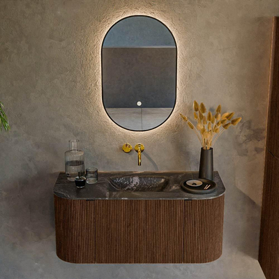 MONDIAZ KURVE-DLUX 100cm badmeubel met module 25 Len R kleur Walnut met 1 lade en 2 deuren. Wastafel GRUNNE midden zonder kraangat kleur Lava.