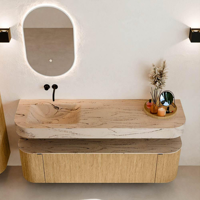 MONDIAZ THOR-DLUX 160cm badmeubel ronding links + rechts kleur Oak met 1 lade en 2 deuren. Vrijhangende wastafel CLOUD Links zonder kraangat kleur Arena.