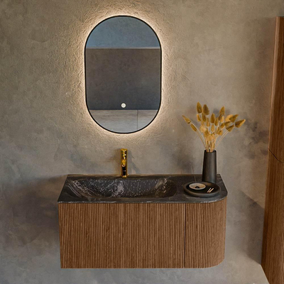 MONDIAZ KURVE-DLUX 95cm Meuble salle de bain avec module 25 D - couleur Walnut - 1 tiroir - 1 porte - vasque BIG SMALL gauche - 1 trou de robinet - couleur Lava