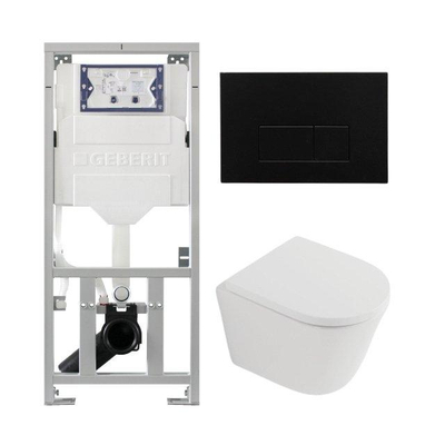 QeramiQ Dely Toiletset - 36.3x51.7cm - diepspoel - rimless - Geberit UP320 inbouwreservoir - softclose toilet zitting 35 mm - kunstof mat zwarte bedieningsplaat - rechthoekige knoppen - mat wit