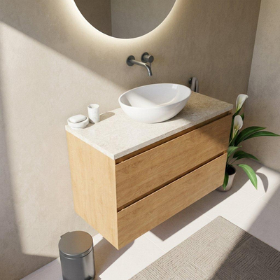 Saniclass Holz Pure Ensemble de meubles de salle de bains - 100x45x63cm - Plan de travail en pierre naturelle travertin - sans trou de robinet - 2 tiroirs - chêne natural mat (bois)